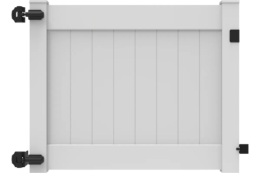 Matching vinyl privacy walk gate with black hardware installed by Perimeter Pros